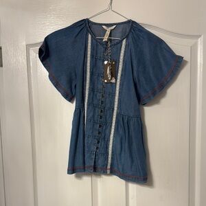 Matilda Jane Denim Blue Top with Lace Accents